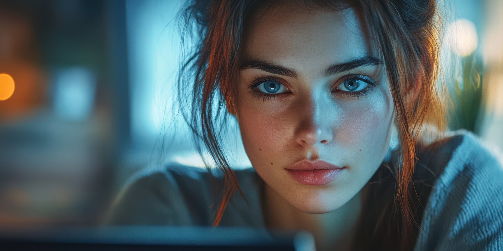 Young woman with striking blue eyes gazes intently at a screen in a dimly lit room during a late night study session